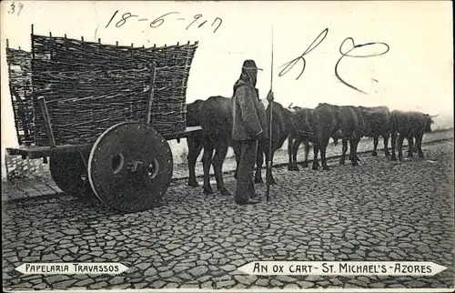 Ak São Miguel Azoren Portugal, Papelaria Travassos, An ox cart