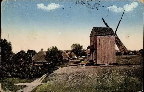 Ak Russland, Russische Landschaft, Holzwindmühle, Bauernhäuser