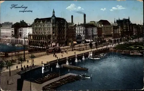 Ak Hamburg Mitte Neustadt, Jungfernstieg, Boote, Straßenbahn