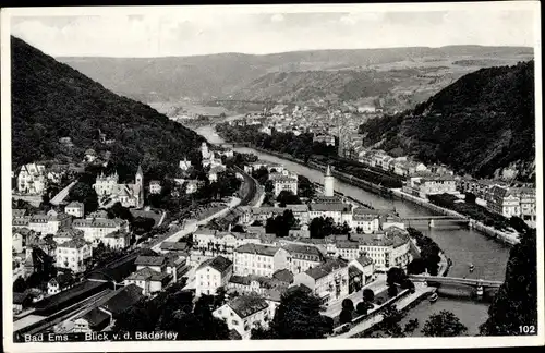 Ak Bad Ems an der Lahn, Blick von der Bäderley, Ortsansicht, Panorama