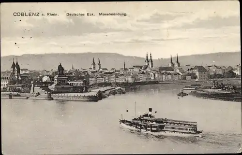 Ak Koblenz am Rhein, Deutsches Eck, Moselmündung, Schiff