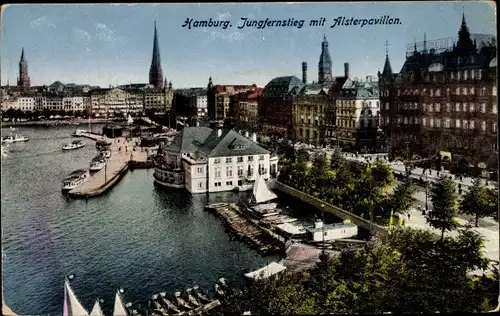 Ak Hamburg Mitte Neustadt, Jungfernstieg mit Alsterpavillon, Boote