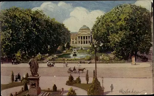 Ak Wiesbaden in Hessen, Neues Kurhaus, Bowling green, Kutsche, Springbrunnen