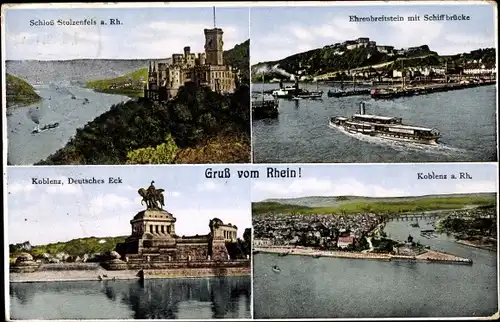 Ak Koblenz am Rhein, Deutsches Eck, Ehrenbreitstein, Schloß Stolzenfels