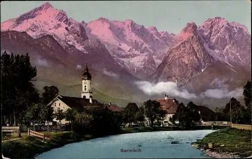 Ak Garmisch Partenkirchen in Oberbayern, Teilansicht, Gebirge, Kirche