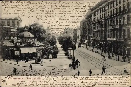 Ak Hannover in Niedersachsen, Georgstraße, Cafe Kröpcke, Straßenszene, Pferdekutsche, Straßenbahn
