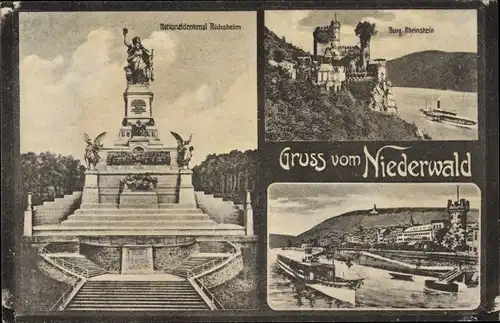 Ak Rüdesheim am Rhein, Niederwald Nationaldenkmal, Burg Rheinstein, Dampfschiff