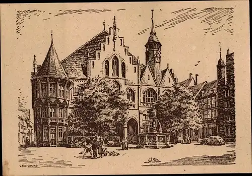 Künstler Ak von Duisburg, Wolfgang, Hildesheim, Alt-Hildesheim, Rathaus mit Rolandbrunnen