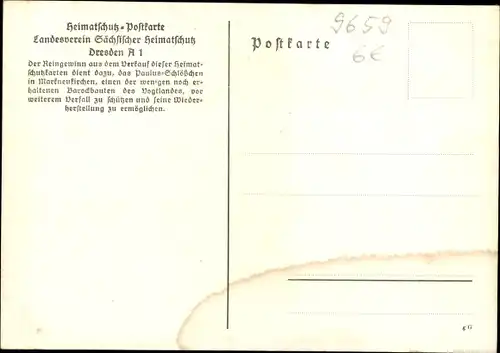 Ak Markneukirchen im Vogtland, das Paulus Schlößchen, Geländer, Treppenaufgang, Treppenhaus