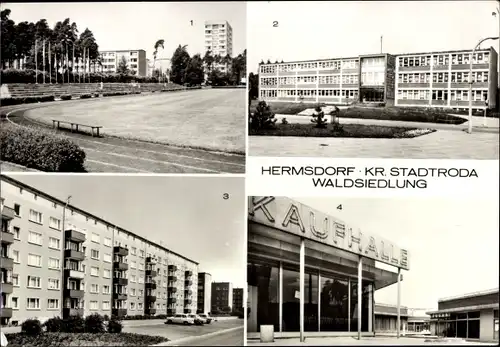 Ak Hermsdorf in Thüringen, Waldsiedlung, Polytechnische Oberschule, Kaufhalle, Erich-Weinert-Straße