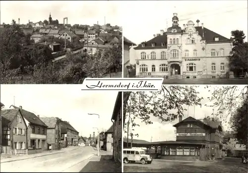 Ak Hermsdorf in Thüringen, Teilansicht, Bahnhof, Rathaus, Straßenpartie, Bus