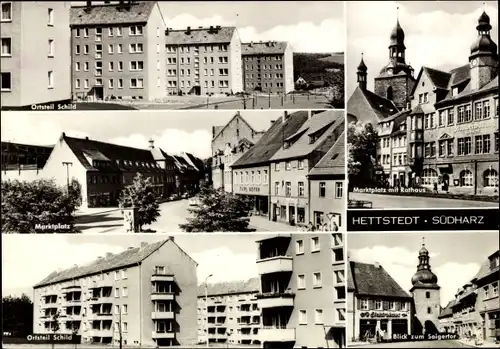 Ak Hettstedt im Harzvorland Sachsen Anhalt, Marktplatz, Rathaus, Saigertor, Geschäft Karl Beyer