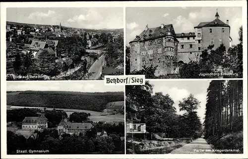 Ak Betzdorf Sieg, Stadtansicht, Jugendburg Freusburg, Kriegerdenkmal, Gymnasium