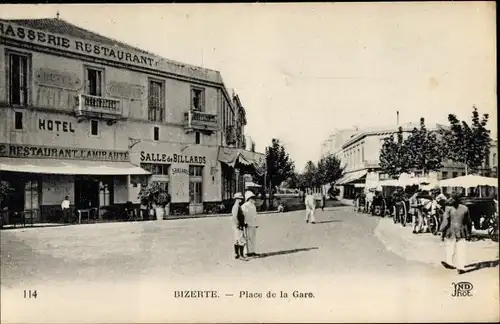 Ak Bizerte Tunesien, Place de la Gare, Salle de Billards, Rikschas