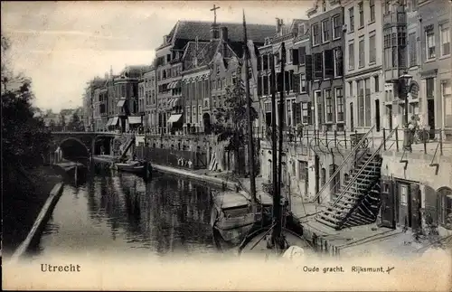 Ak Utrecht Niederlande, Oude gracht, Rijksmunt, Brücke, Kanal