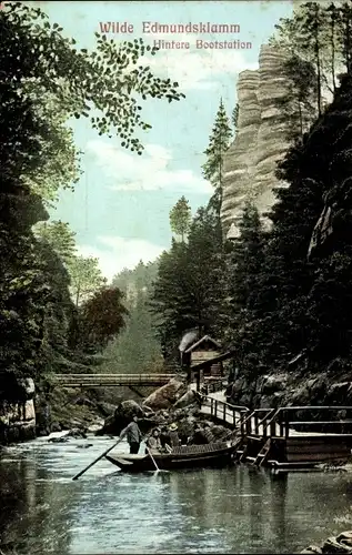 Ak Hřensko Herrnskretschen Elbe Reg. Aussig, Wilde Edmundsklamm, Hintere Bootstation