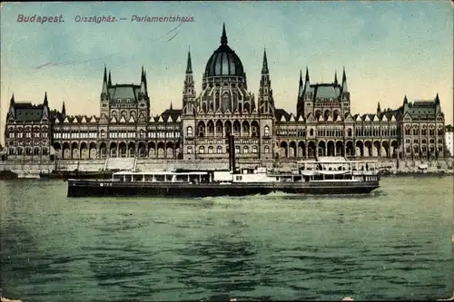 Ak Budapest Ungarn, Orszaghaz, Parlamentshaus, Dampfer