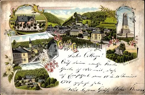 Litho Gräfenthal in Thüringen, Kriegerdenkmal, Gesamtansicht, Straße