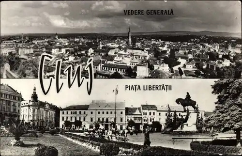 Ak Cluj Napoca Klausenburg Kolozsvar Rumänien, Gesamtansicht, Platz, Denkmal