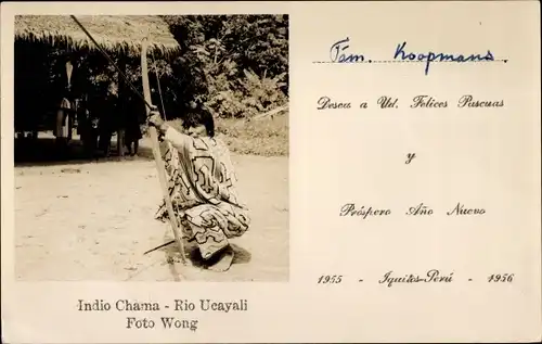 Foto Ak Peru, Indio Chama, Rio Ucayali, Foto Wong, Mann mit Pfeil und Bogen