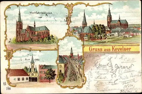 Litho Kevelaer am Niederrhein, Wallfahrtskirche, Pfarrkirche, Totalansicht, Prozession