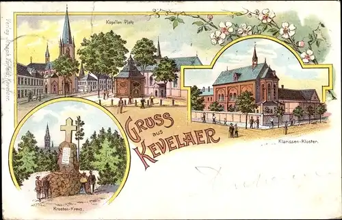 Litho Kevelaer am Niederrhein, Kapellenplatz, Klarissenkloster, Kroatenkreuz