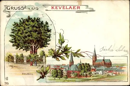 Litho Kevelaer am Niederrhein, Kreuzbaum, Blick zum Ort, Kirche