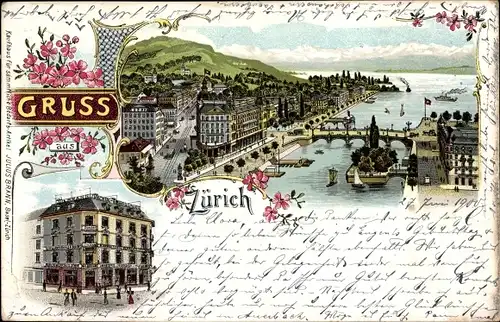 Litho Zürich Stadt Schweiz, Hotel, Stadtansicht