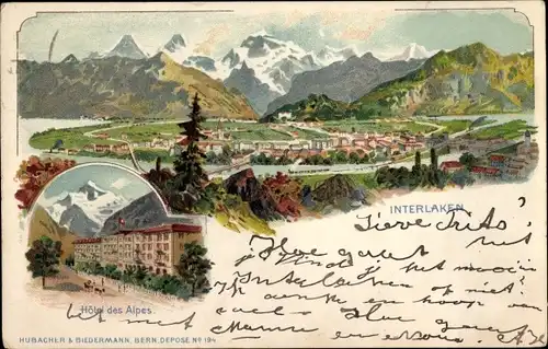 Litho Interlaken Kanton Bern Schweiz, Hotel des Alpes, Stadtansicht