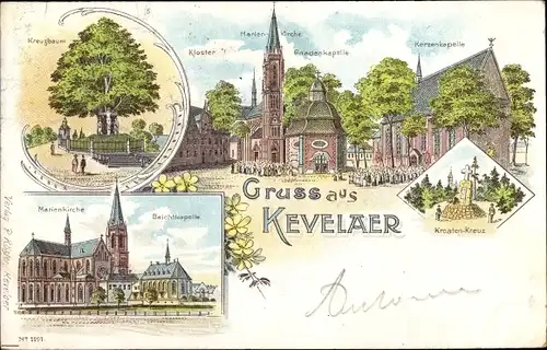 Litho Kevelaer am Niederrhein, Kreuzbaum, Kloster, Beichtkapelle, Kroaten Kreuz