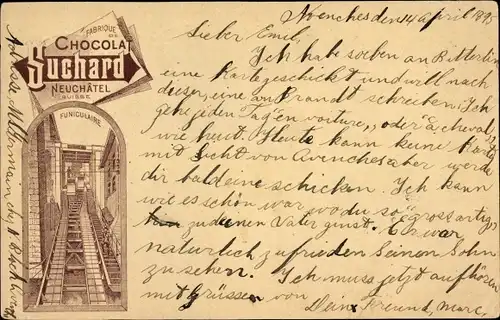 Vorläufer Litho Neuchâtel Neuenburg Stadt, Funiculaire, Chocolat Suchard, Reklame,Standseilbahn,1895