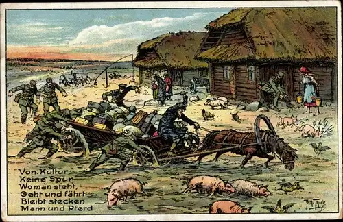 Künstler Ak Thiele, Arthur, Fuhrwerk bleibt stecken, Schweine, Von Kultur keine Spur, dt. Soldaten