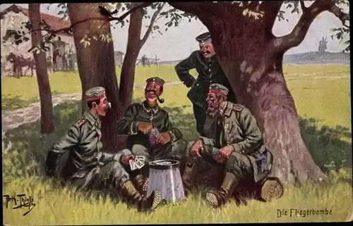 Künstler Ak Thiele, Arthur, Die Fliegerbombe, deutsche Soldaten beim Kartenspiel