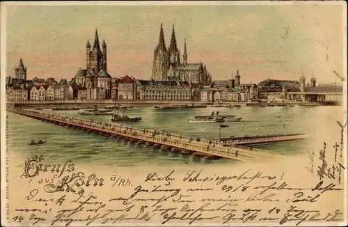 Halt gegen das Licht Litho Köln am Rhein, Stadtansicht mit Schiffbrücke und Dom