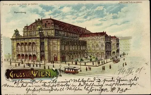 Halt gegen das Licht Litho Wien 1. Innere Stadt Österreich, Opernhaus, Pferdestraßenbahn