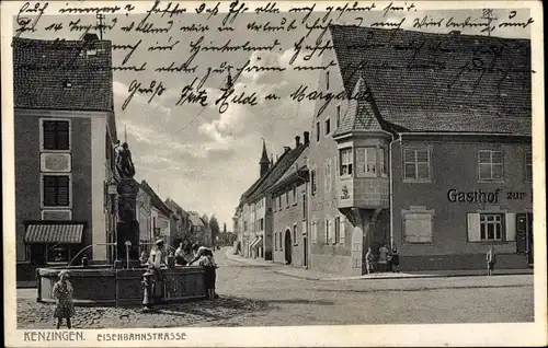 Ak Kenzingen im Breisgau Baden, Eisenbahnstraße, Brunnen, Gasthof
