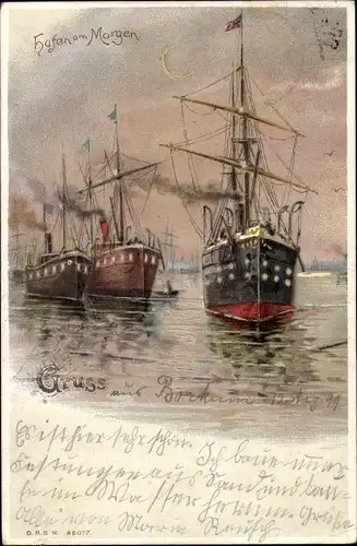 Halt gegen das Licht Litho Hafen am Morgen, Dampfer