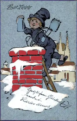 Ak Glückwunsch Neujahr, Schornsteinfeger mit Bierkrug auf dem Dach