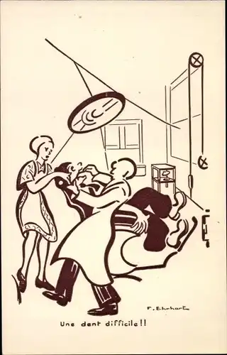 Künstler Ak Ehrhart, F., Une dent difficile, Mann beim Zahnarzt