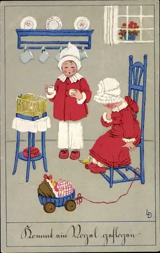 Künstler Ak Döring, Lia, Kommt ein Vogel geflogen, Junge, Mädchen, Vogelkäfig, Puppenwagen
