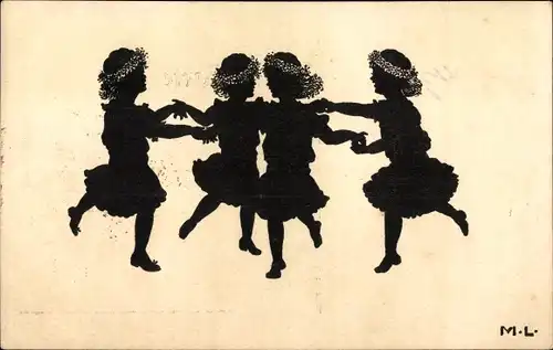 Scherenschnitt Ak Kinderreigen, tanzende Mädchen
