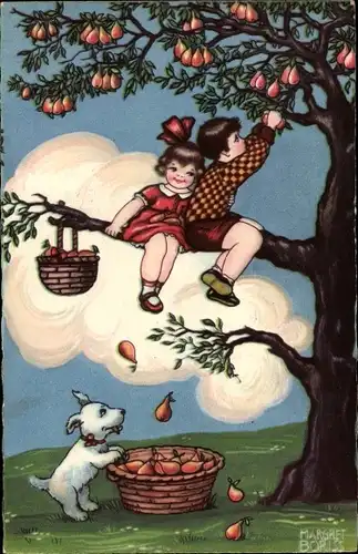 Künstler Ak Boriss, Margret, Junge und Mädchen auf Birnbaum, Hund