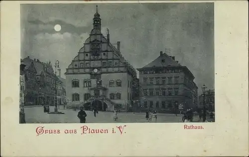 Mondschein Ak Plauen im Vogtland, Rathaus, Marktplatz, Nacht