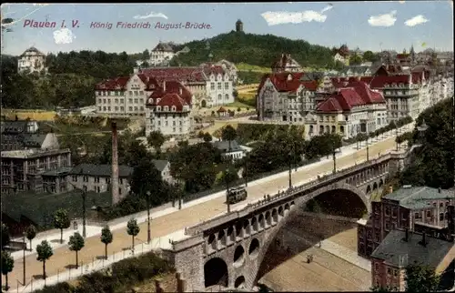 Ak Plauen im Vogtland, König Friedrich August Brücke, Stadt, Panorama