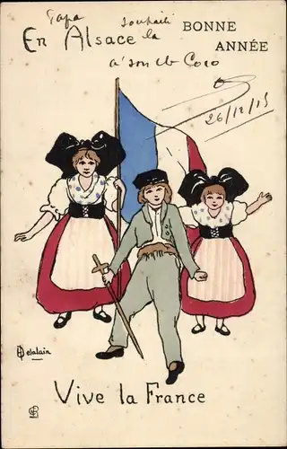 Künstler Ak Glückwunsch Neujahr, Vive la France, Elsässer Trachten, Fahne