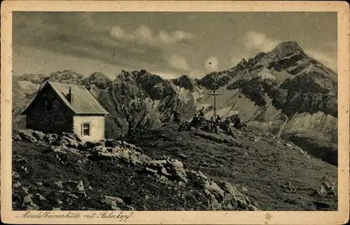Ak Oberstdorf, Mindelheimerhütte mit Biberkopf, Gebirge, Gipfelkreuz