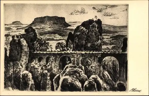 Künstler Ak Henne, Artur, Elbsandsteingebirge, Sächsische Schweiz, Basteibrücke