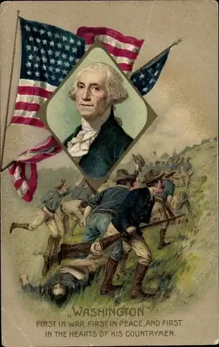Passepartout Ak George Washington, Portrait, Flagge, First in War, First in Peace