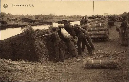 Ak La culture du Lin, le ballon chargé est poussé à l'eau, Landwirtschaft, Flachsernte