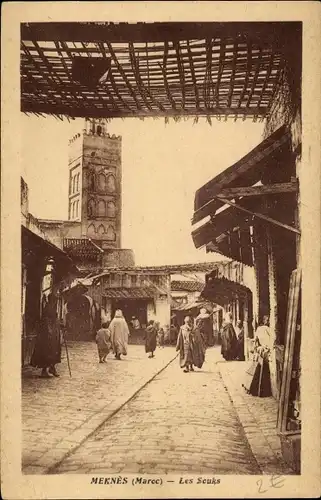 Ak Meknès Marokko, les Souks, Markt, Minarett